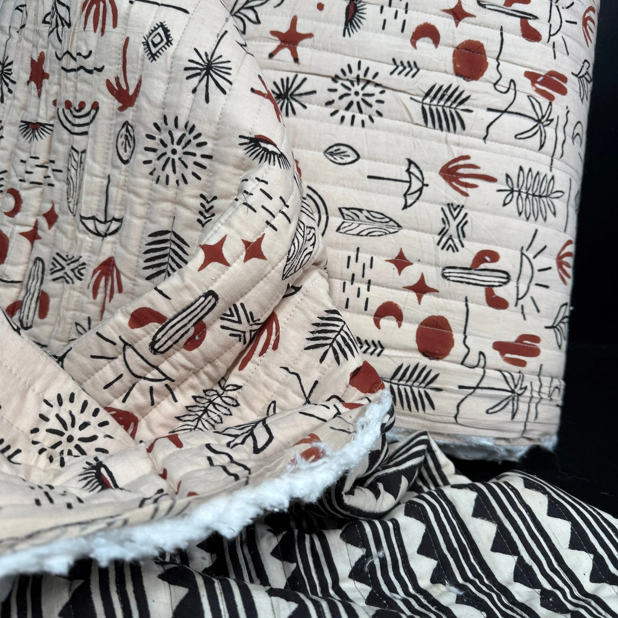 Desert Doodle + Geo Ridge Stripe - Quilted Bagru Indian Cotton Block Print (Reversible)