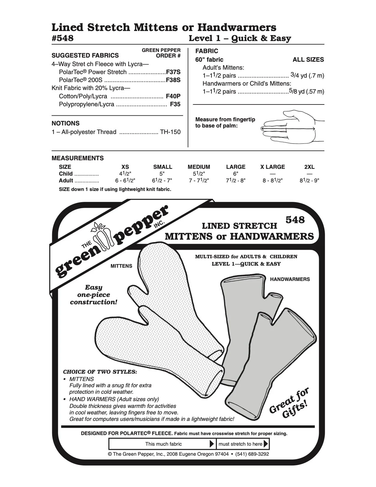 Lined Stretch Mittens or Handwarmers Pattern - 548 - The Green Pepper Patterns - Image 2