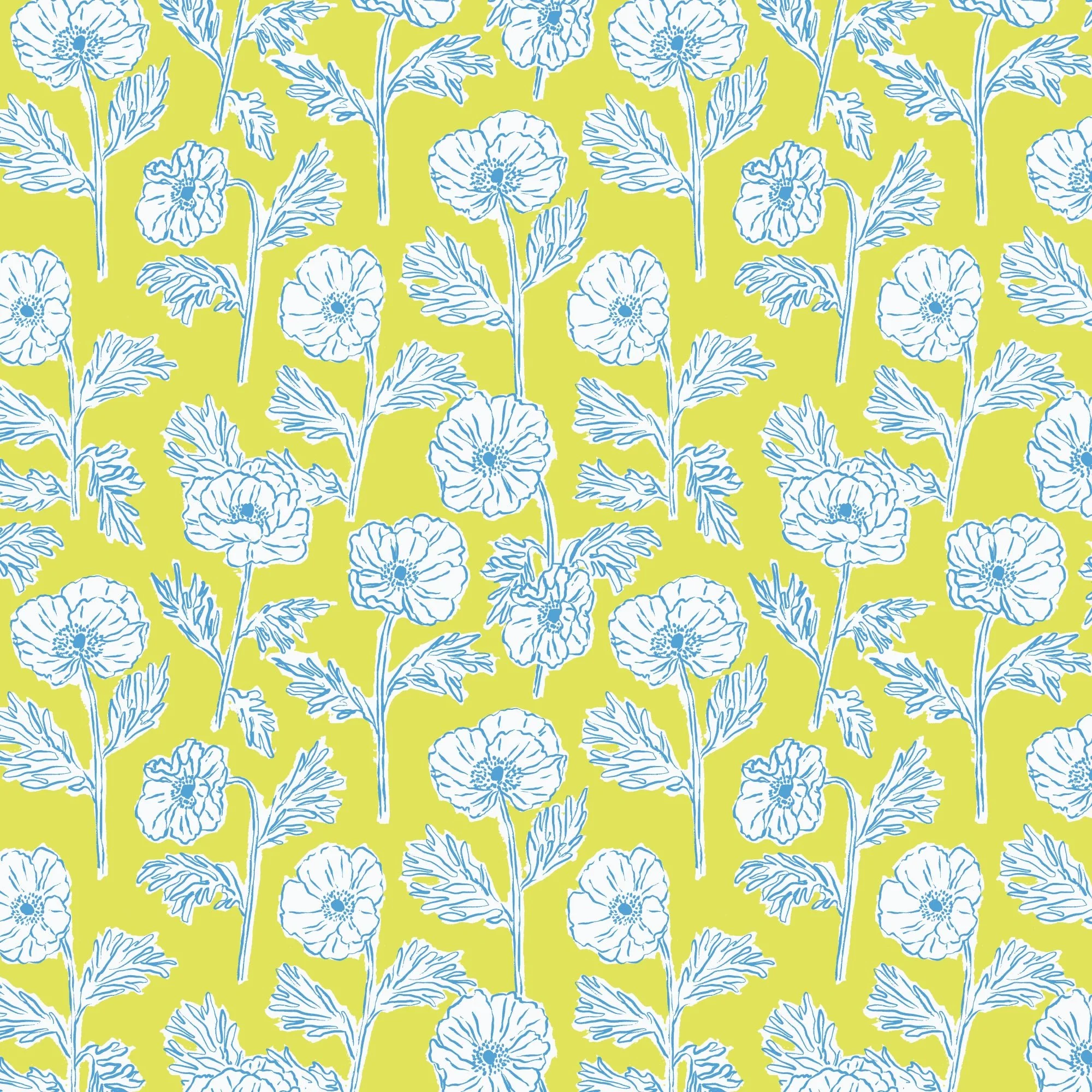 Painted Poppies - Lime/Blue - Nice Nice - Emily Taylor - Cloud 9 Fabrics - Poplin - Image 2