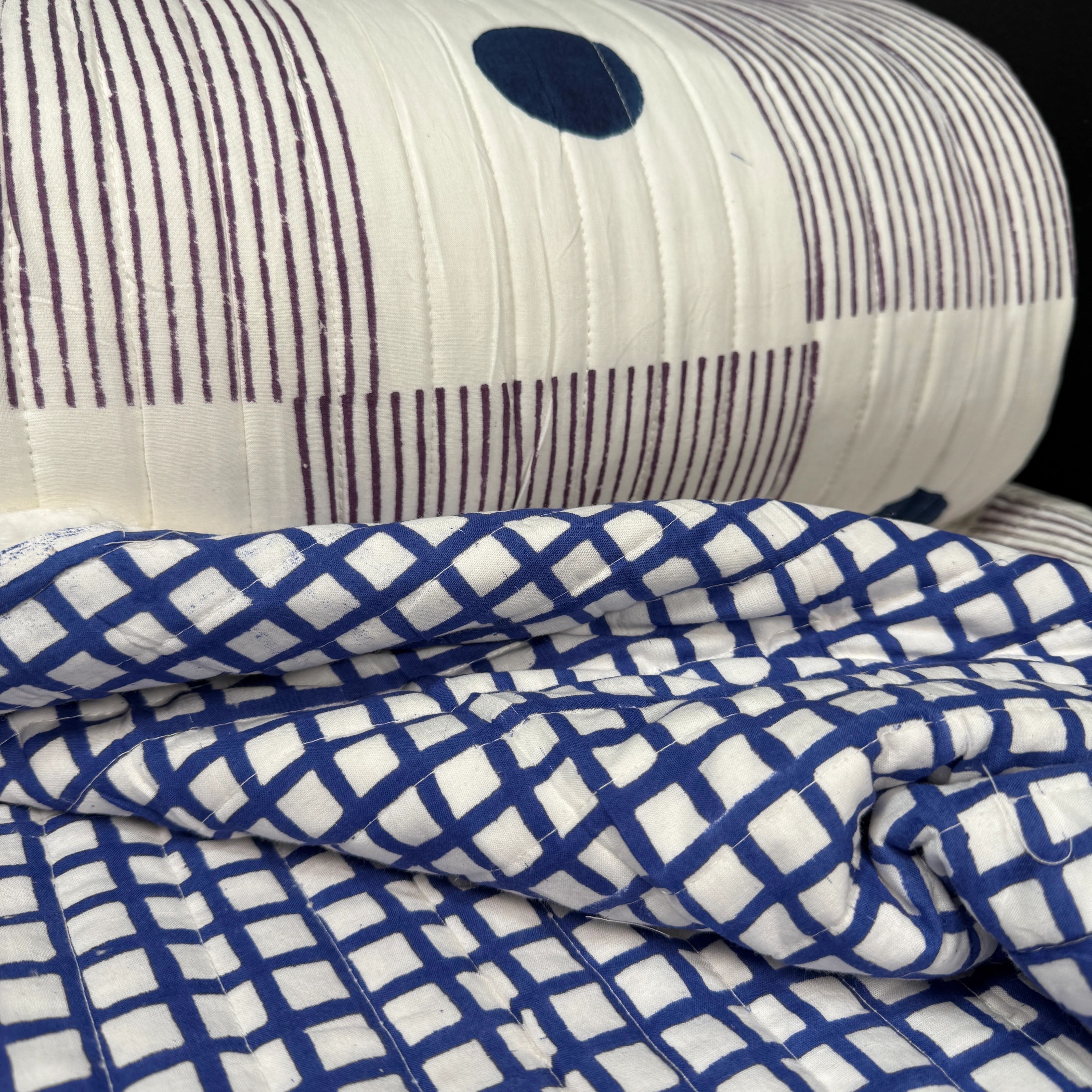 Minimalist Dot Block + Blue Lattice - Quilted Bagru Indian Cotton Block Print (Reversible) - Image 2