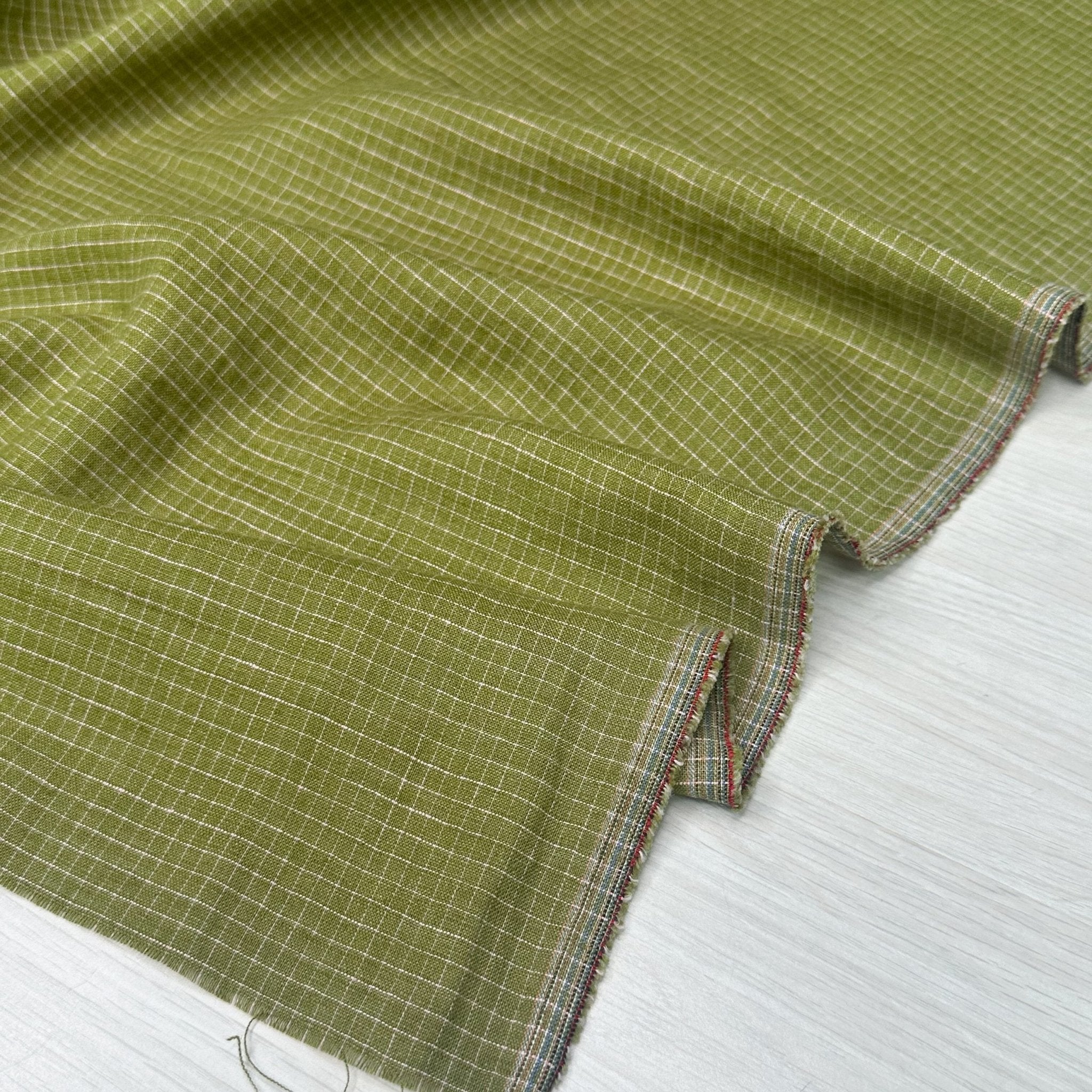 Washed Linen Cotton Check - Pesto/Pink